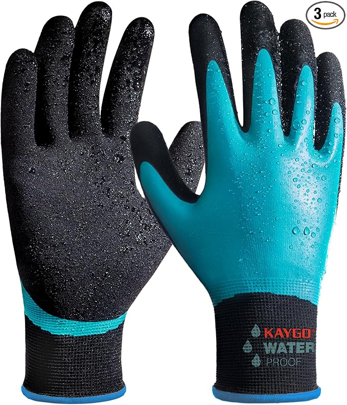 KAYGO Waterproof Work Gloves for Men and Women, Rubber Coated Non-slip Working Gloves for Garden, Outdoor Construction,3 pairs,Blue,M