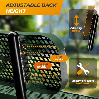 Heavy-Duty Outdoor Metal Bench, Thermoplastic-Coated, Surface, Weatherproof, Commercial-Grade for Parks, Gardens, Patios, Stores & More (6 Ft - Surface with Back, Green)