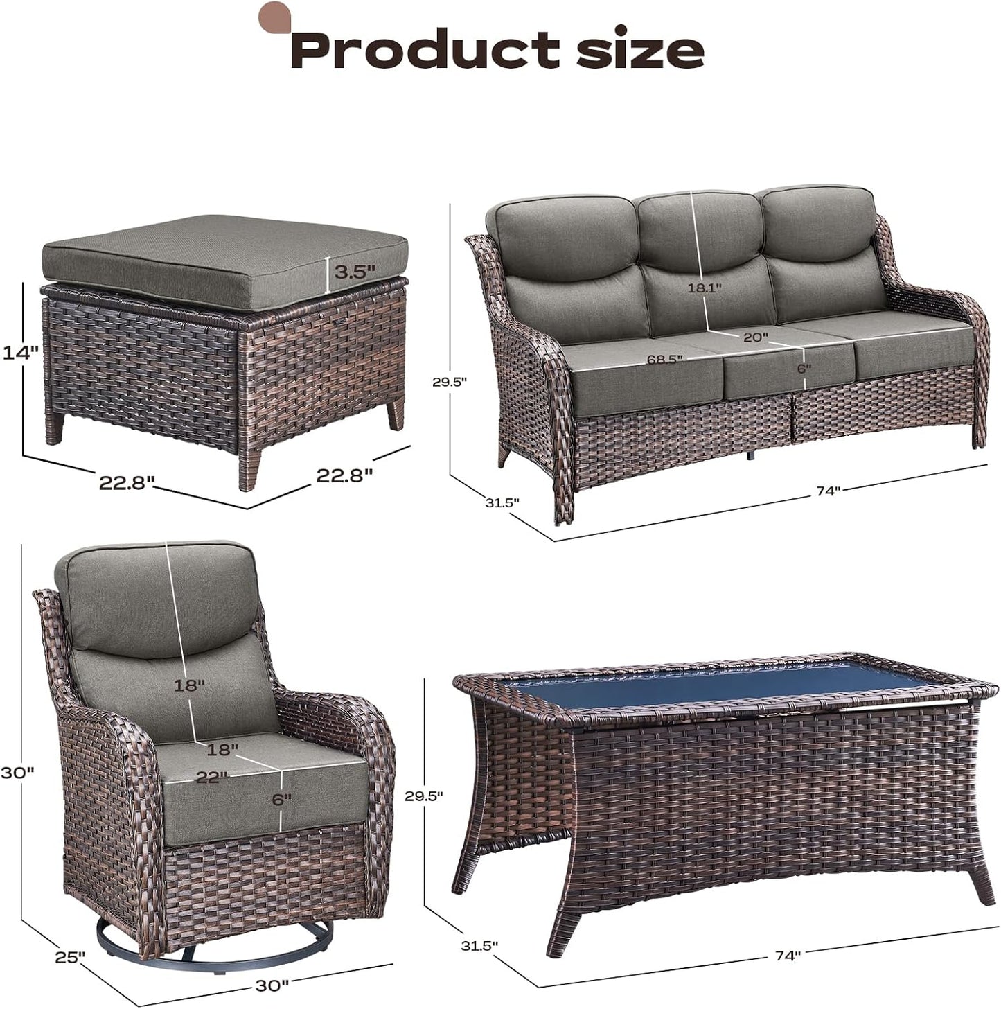 Wicker Outdoor Patio Furniture Set - 8 Piece Patio Conversation Sets with Swivel Rocker Chairs, Ottomans, Sofa and Coffee Table, 6 inch Cushions, Deep Seating, for Porch Deck Brown/Grey