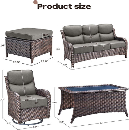 Wicker Outdoor Patio Furniture Set - 8 Piece Patio Conversation Sets with Swivel Rocker Chairs, Ottomans, Sofa and Coffee Table, 6 inch Cushions, Deep Seating, for Porch Deck Brown/Grey