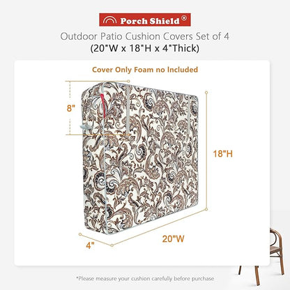 Porch Shield Outdoor Cushion Slipcovers Patio Chair Seat Cushion Covers Set 4 Waterproof Fade Resistant, 20 x 18 x 4 inch, Paisley