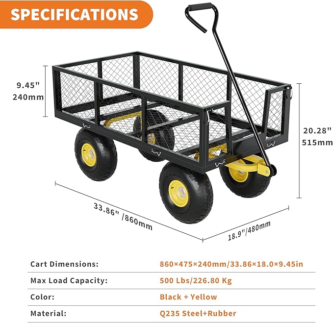 500 Lbs Garden Wagon, 2-in-1 Heavy-Duty Steel Garden Cart, with 10 Inch All-Terrain Tires and Removable Mesh Side Panels, 180° Rotating Handle, Metal Multi-Function Carts, Outdoor Gardens Wagon Cart
