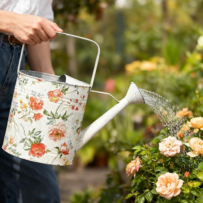 Vintage Floral Metal Watering Can, Decorative Watering Pot for Indoor Outdoor Plants, Shabby Chic Garden Watering Tool with Long Spout, Rustic Home Patio Decor