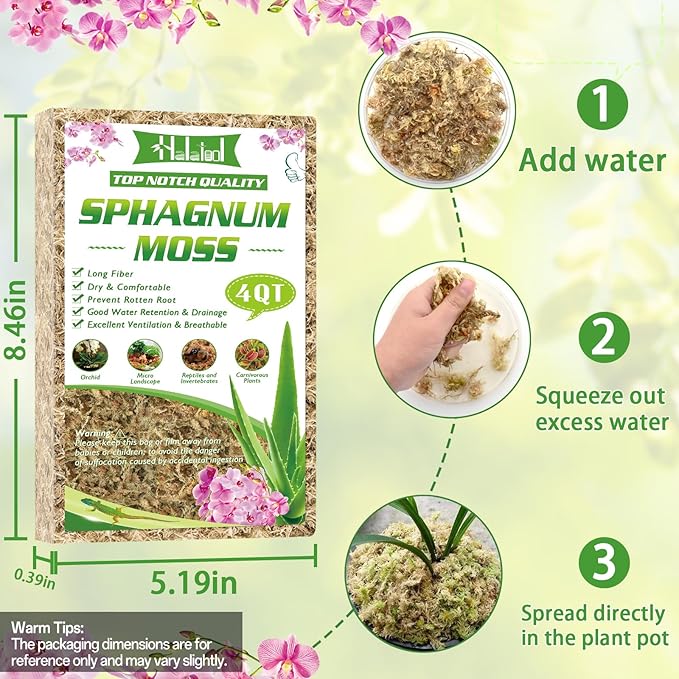 Halatool 4QT Premium Sphagnum Moss for Indoor Plants, Orchid Moss Potting Mix - Natural Sphagnum Moss for Succulents, Carnivorous(Sarracenia), Monstera, Terrarium Substrate & Reptile Habitats