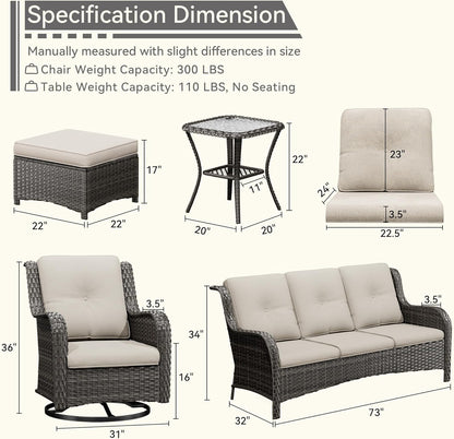 Wicker Patio Furniture Set 6 Piece, Outdoor Furniture Patio Conversation Set Includes 1 Three-Seat Sofa, 2 Swivel Rocker Chairs, 2 Ottomans and 1 Side Table,Beige