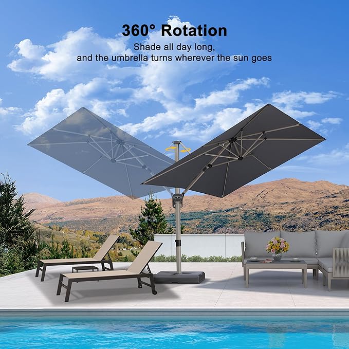 PURPLE LEAF Patio Umbrella with Base Included, 8ft Outdoor Aluminum Cantilever Umbrella with 360° Rotation, Champagne Offset Umbrella for Outdoor Garden Pool, Light Grey