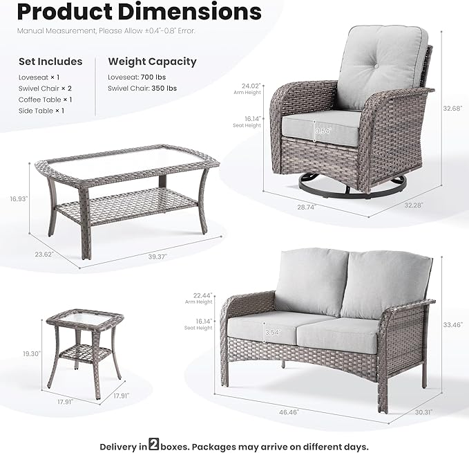 ovios 5 Pieces Patio Furniture Set, Outdoor Wicker Sofa with Swivel Chairs, Coffee Table, All Weather High Back Rattan Loveseat Couch with Comfy Cushions, Grey