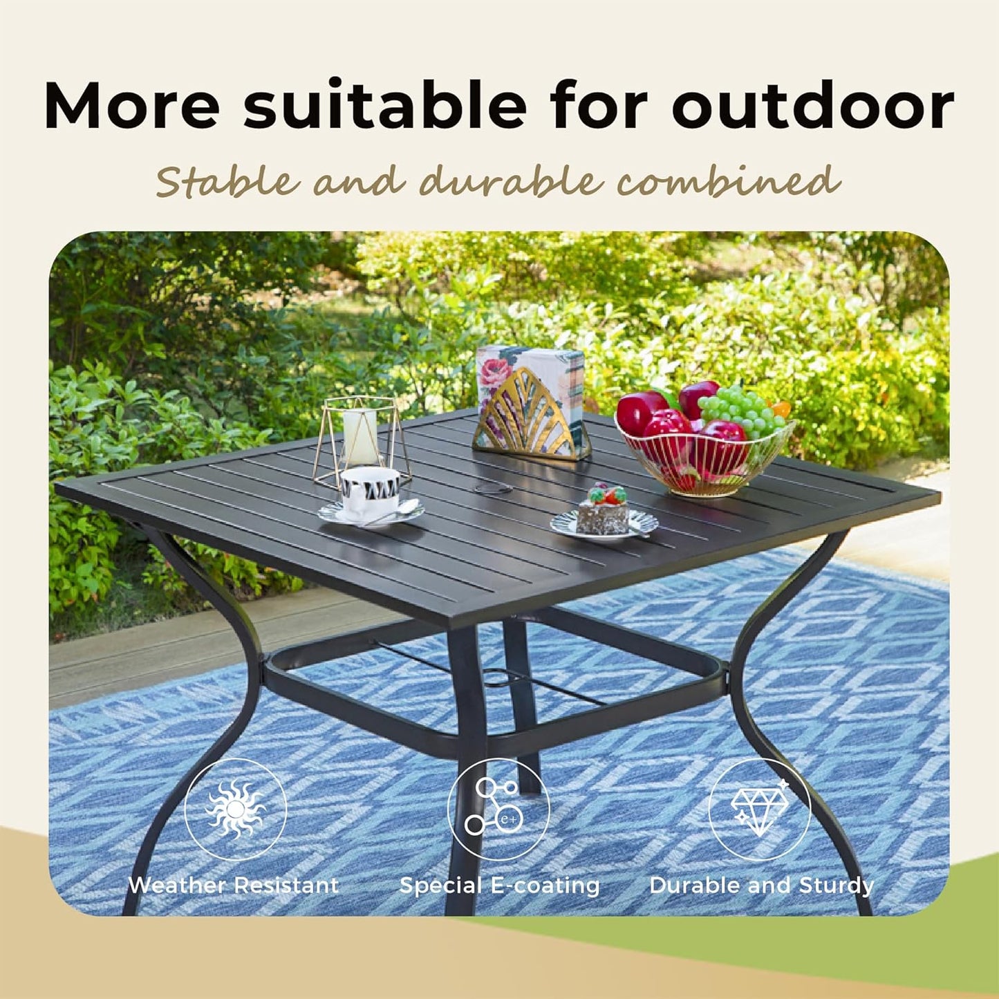 Outdoor Patio Square Dining Table, 37"x 37" Metal Slatted Tabletop with Adjustable Umbrella Hole for Deck Lawn Garden Backyard, Black