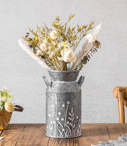 Vintage Galvanized Metal Milk Can, Farmhouse Rustic Flower Pitcher Vase, Decorative Floral Milk Jug Vase for Home Décor, 10.8’’H