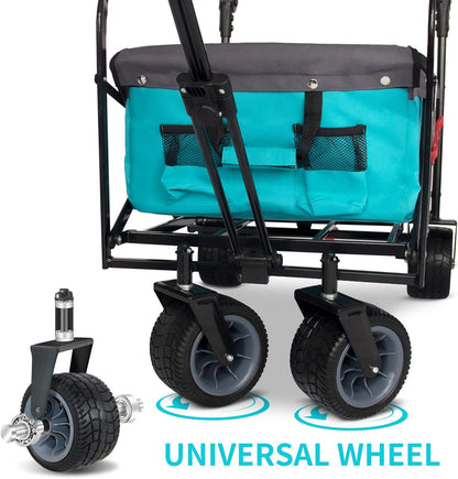 TMZ All Terrain Utility Folding Wagon, Collapsible Garden Cart, Heavy Duty Beach Wagon, for Shopping, Camping, and Outdoor Activities with Push Handle and Brakes (Turquoise/Grey)