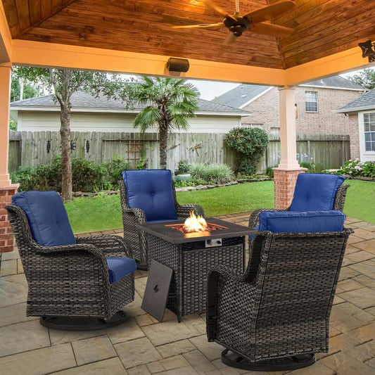 5 Pieces Patio Wicker Furniture Set - 4 Outdoor Swivel Rocker Glider Chairs with Propane Fire Pit Table, Patio Conversation Set Blue Cushion Perfect for Casual Gathering