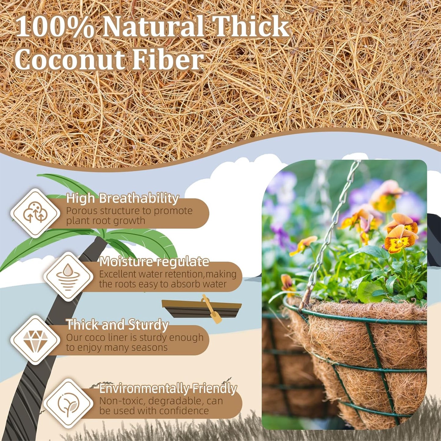 Legigo 4 Pack 18 Inch Hanging Basket Coco Liners Replacement, 100% Natural Round Coconut Coco Fiber Planter Basket Liners for Hanging Basket Flowers/Vegetables