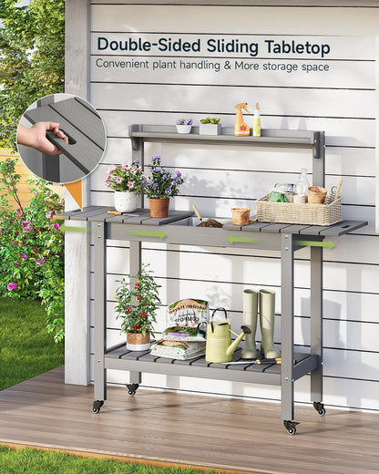 HDPS Outdoor Potting Bench with Sliding Tabletop/ 4 Wheels/Removable Sink, All-Weather Outside Garden Work Table, No Rust/Fade/Break, Potting Station for Porch, Patio & Backyard (Grey)