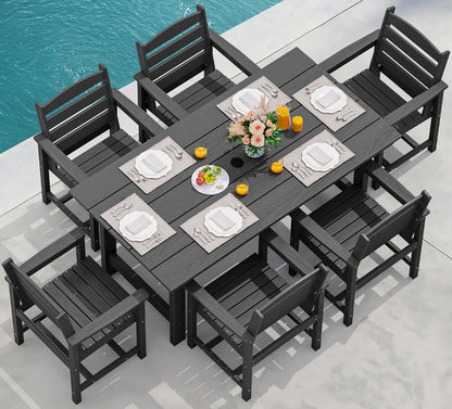 SERWALL 7-Piece Patio Dining Table Sets, Outdoor HDPE Dining Furniture Set with Umbrella Hole Cut-Out Table and 6 Chairs, Black