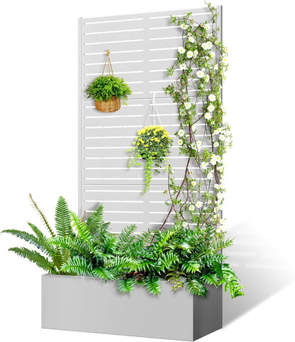71"x35"x16" Metal Planter Box with Trellis Raised Garden Bed with Trellis, Planter Box & Privacy Screen for Climbing Plants, Vegetable, Vines(White, Louvered)