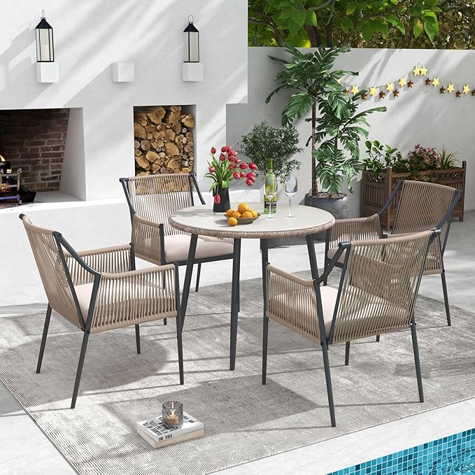 Patiorama 5-Piece Patio Dining Set, Outdoor Dining Table Chair Set, All-Weather Embossed Rattan Wicker Rope Conversation Set, Patio Furniture Set w/Umbrella Hole, 4 Cushioned Chairs&Glass Table(Beige)