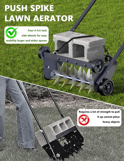 18-Inch Lawn Aerator Spike, Heavy Duty Push Spike Aerator, Rotary Lawn Aerator Tool, Manual Aerator Lawn Tool with Foam Armrests, Push Lawn Aerator with 4 Wheels for Lawn, Yard Aeration