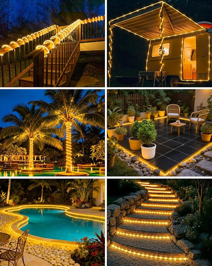 btfarm 2 Pack Solar Rope Lights Outdoor, 120LED 46FT Solar String Lights Outside Waterproof, 8 Lighting Modes Tree Tube Fairy Light Solar Powered for Garden Christmas Yard Party Decoration, Warm White