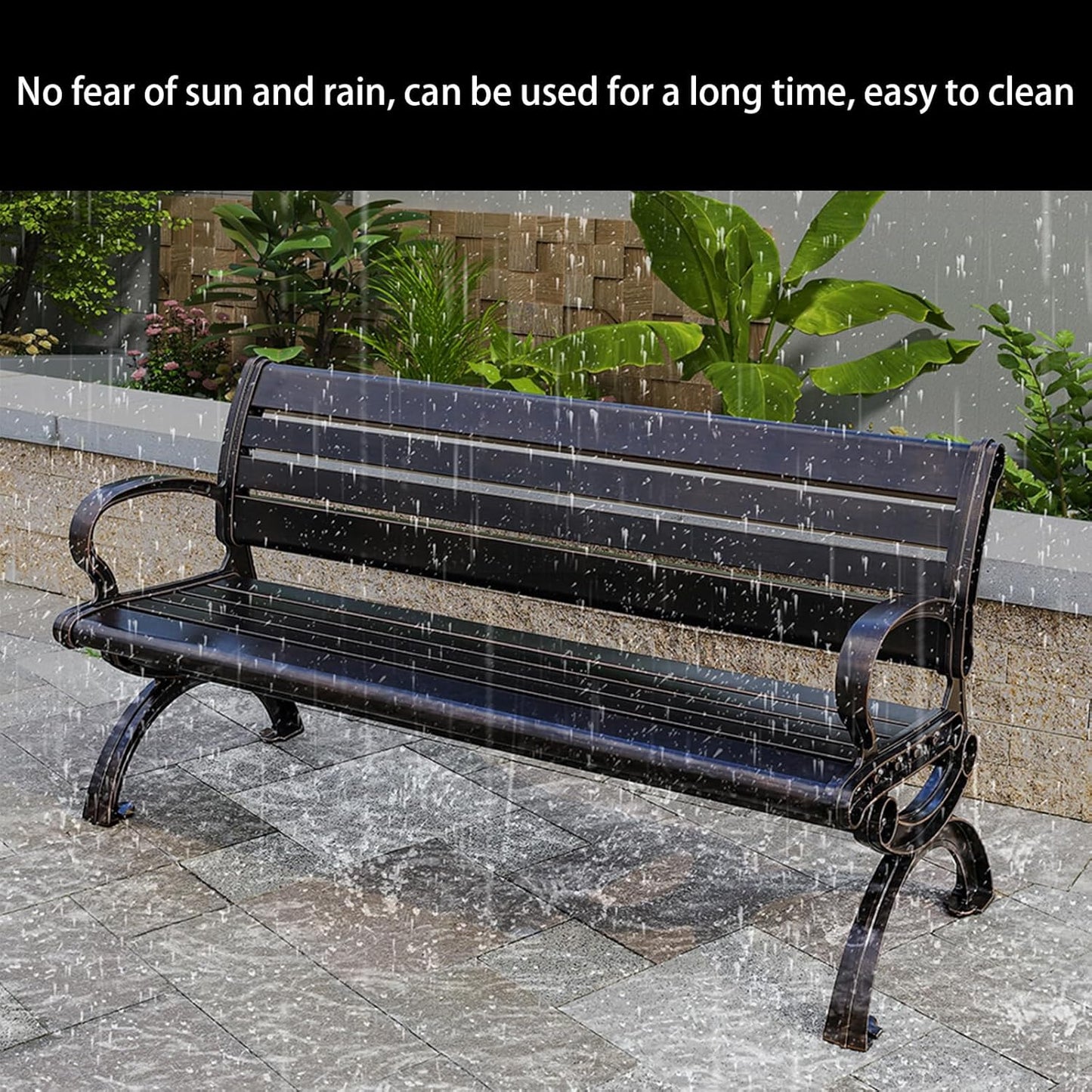 Outdoor Bench Chair Cast Aluminum Garden Bench Patio Bench All-Weather Park Bench for Backyard Porch Lawn (150cm Armless Park Bench)