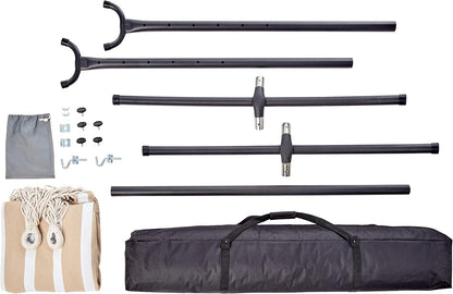 Amazon Basics Double Hammock with 9-Foot Space Saving Steel Stand and Carrying Case, 450 lb Capacity, Beige Stripe with Lace, 110 x 47 x 43 inches