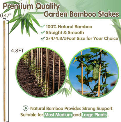 Bamboo Stakes,4.8FT Natural Bamboo Garden Stakes,BOVITRO 20Pcs Plant Stakes,Bamboo Sticks for Tomato,Beans,Vegetable and Climbing Plants