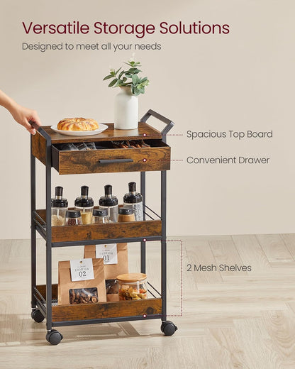 VASAGLE Storage Cart, 3-Tier Rolling Utility Cart with Table Top, Handles, 4 Lockable Casters, Top Drawer, Mesh Shelves, for Kitchen, Bathroom, Bedroom, Rustic Brown and Ink Black ULRC048K01