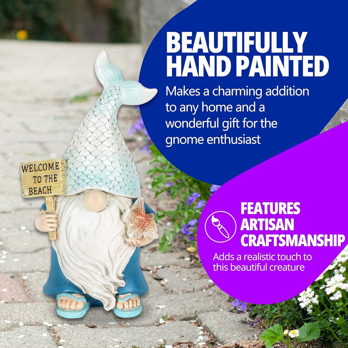 Exhart Mermaid Tail Hat Garden Gnome Statue with Welcome to The Beach Sign, 5 x 4 x 8.5 Inches