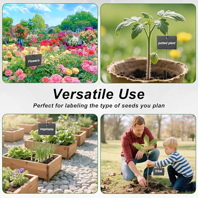25 Pcs Plant Labels with Metal Stakes and Stone Chalks Reusable Hanging Slate Planter Markers Weatherproof Garden Tags for Seedlings Vegetable Flower Pot