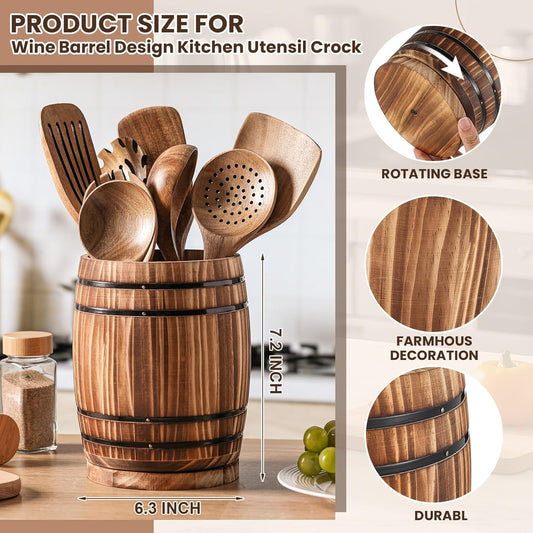 Honeydak Wooden Utensil Holder for Kitchen Counter, 360° Rotating Wine Barrel Design Large Cooking Spoon Crock Organizer, Rustic Vintage Burnt Wood Tool Holder for Farmhouse Kitchen, Gifts Decor