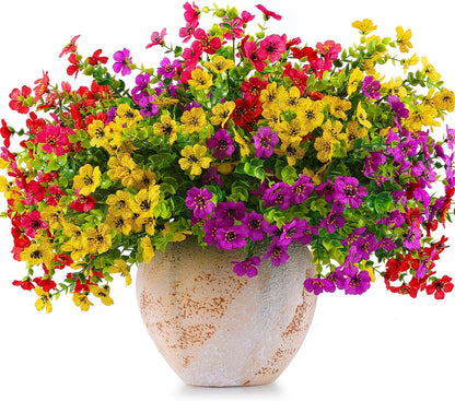 18 Pcs Artificial Flowers for Outdoors UV Resistant Fake Flower Plastic Spring Flowers Faux Silk Plants for Outside Porch Window Easter Patio Home Decor (18, Red, Purple, Yellow, Rose Red)