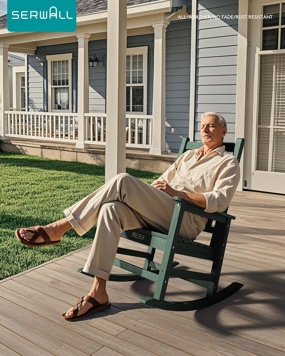 SEWALL HDPE Rocking Chair, Oversized Outdoor Rocking Chair for Adults, Patio Rocker for Porch, Green