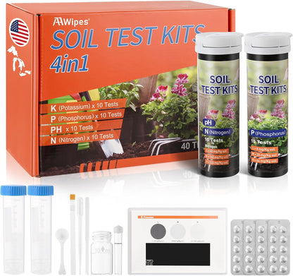 AAwipes Soil Test Kit 4-in-1 for pH, Nitrogen, Phosphorus & Potassium - 40 Soil Testing Kits Upgraded Accurate Nutrient Tester for Garden, Yard, Lawn & Plant Care with Sampling Accessories (J04-40)