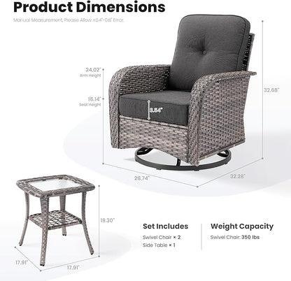 ovios 3 Pieces Patio Furniture Set, Outdoor Rocking Chairs of 2, Wicker Swivel Glider Chairs with Side Table Thick Cushions, All Weather Rattan Bistro Set for Porch, Black