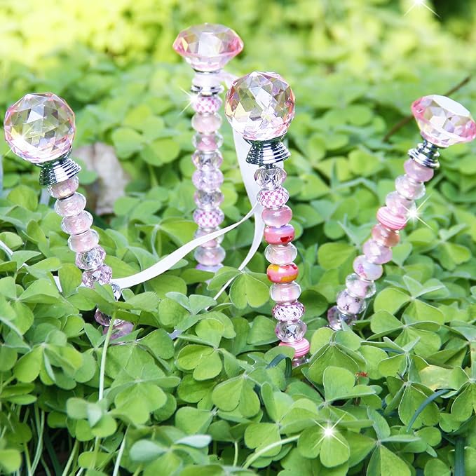 119 Pcs Garden Stake DIY Fairy Wand Plant Stake with Pink Large Hole Beads Crystal Diamond Stopper Top 4 Stainless Steel Threaded Rod Beaded Garden Stakes for Outdoor Indoor Yard Patio Decorations