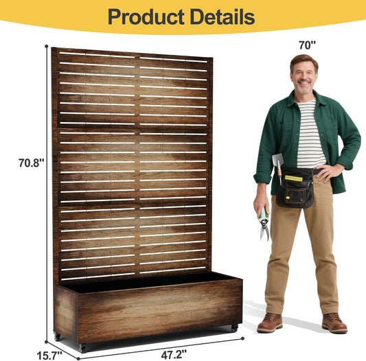 Raised Garden Bed with Trellis and Wheels,73"x47"x16" Metal Raised Garden Bed,Vintage Wood Finish Metal Planter with Climbing Trellis for Vines & Vegetables