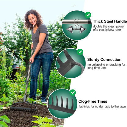 Rake for Leaves, Garden Bow Rake for Lawns Heavy Duty, 5 ft Back-Saving Long Handle, 14 Metal Tines, Yard Gardening Tools for Loosen Soil, Clear Gravel Grass Rock, Level Mulch