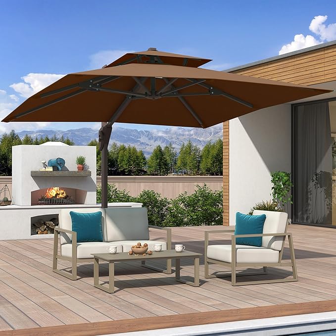 10x10 FT Cantilever Patio Umbrella with Base Included Double Top Outdoor Square Large Heavy Duty Aluminum Offset Umbrellas with 7 Level Tilt 360-degree Rotation for Pool Garden Deck,Brown