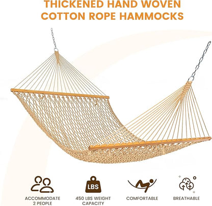 Lazy Daze Hammocks Double Rope Hammock, 2 Person Traditional Outdoor Hand Woven Cotton Rope Hammock with Spreader Bar, Chains, Tree Straps for Patio Yard - Max 450 Lbs, Tan