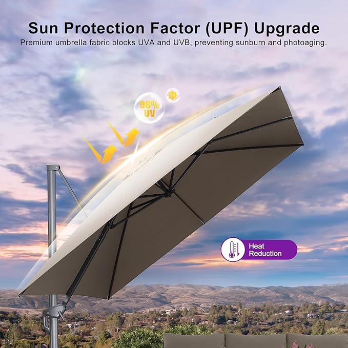 PURPLE LEAF 10 FT Cantilever Patio Umbrella Outdoor Aluminum Offset Square Umbrella with 3 Years Fade Resistance Recycled Fabric and 360-degree Rotation for Deck Pool Garden, Ash Mocha