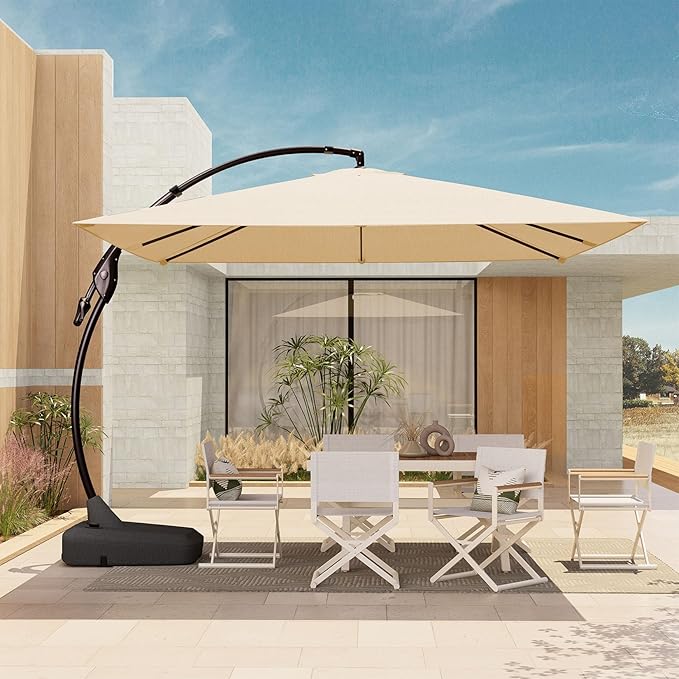 Grand patio 10X10 FT Sunbrella Offset Umbrella with Base Outdoor Square Aluminum Hanging Cantilever Umbrella with Easy Tilt Adjustment (Flax, 10X10 FT-SUNBRELLA)