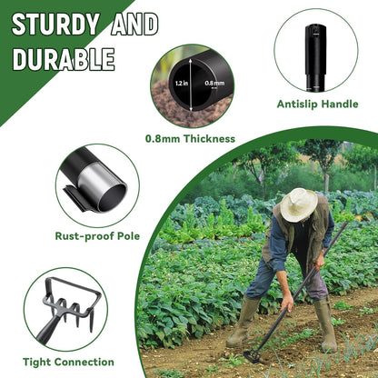Stirrup Hoe, Heavy Duty Hula Hoe with 32-62" Adjustable Long Handle, 2 in 1 Action Hoe with Cultivator Rake, Scuffle Hoe, Hula Hoe Garden Tool for Weeding Grass, Loosening Soil, Sharp Blade, Black