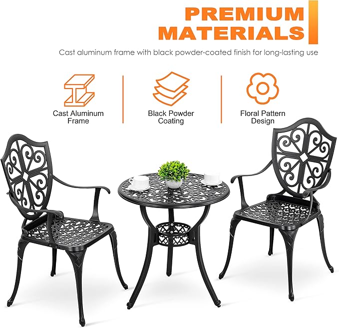 NUU GARDEN 3-Piece Outdoor Bistro Set, Round 24 Inch Cast Aluminum Bistro Table with 2.17" Umbrella Hole and 2 Cast Aluminum Bistro Chairs, for Patio, Garden, Backyard and Balcony, Black