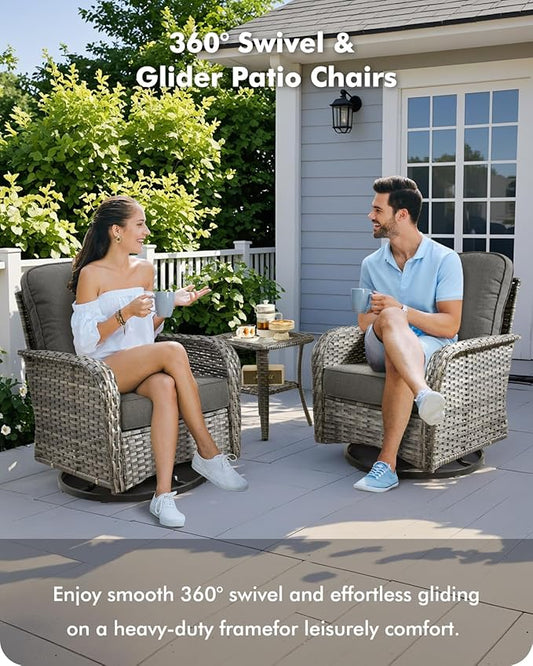 5 Pieces Patio Furniture Set,Outdoor Furniture with Rockers, Rattan Conversation Sets w/Coffee Table, Grey Wicker Black Cushion