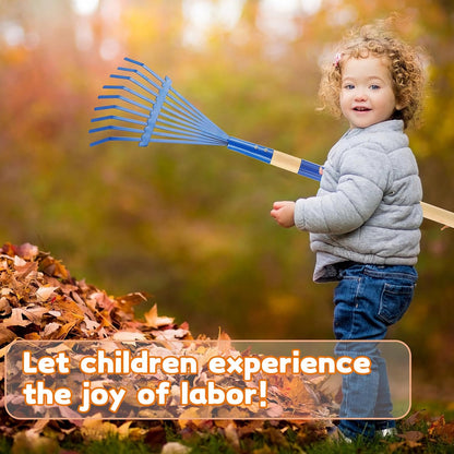 Kids Rakes with Hardwood Handle - Metal Kids Leaves Rakes, 28" Child Size Lawn Rakes with Vibrant Blue Heads, Garden Tool Set for Kids Boys and Girls