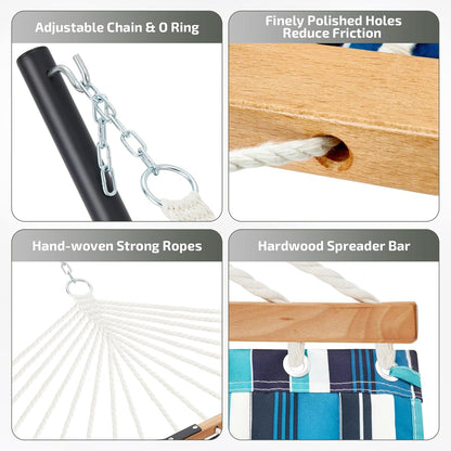 Two Person Hammock with Stand Heavy Duty, Outdoor Patio Hammock with Portable Steel Stand, Large Double Hammocks,480lbs Capacity.(Middle Blue Stripes)