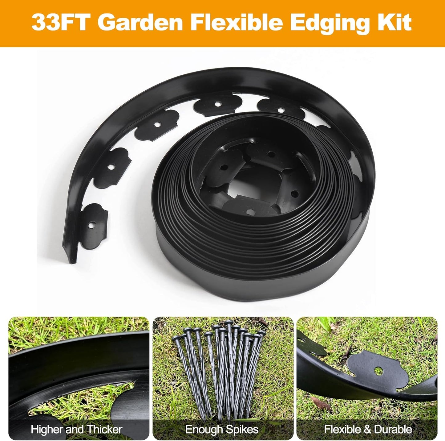 4 inch Tall Landscape Edging No Dig 33FT Garden Edging with 30 Spikes, Landscape Edging Border for Landscaping, Lawn, Flower Beds, Grass, Yard
