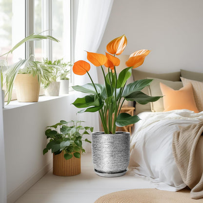 10 Inch Plant Pot - Ceramic Planter for Indoor Outdoor Flowers, Cylinder Modern Flower Pot with Drainage Hole and Saucer, Gifts for Plants Lovers, Home Garden Office House Decor, Silver
