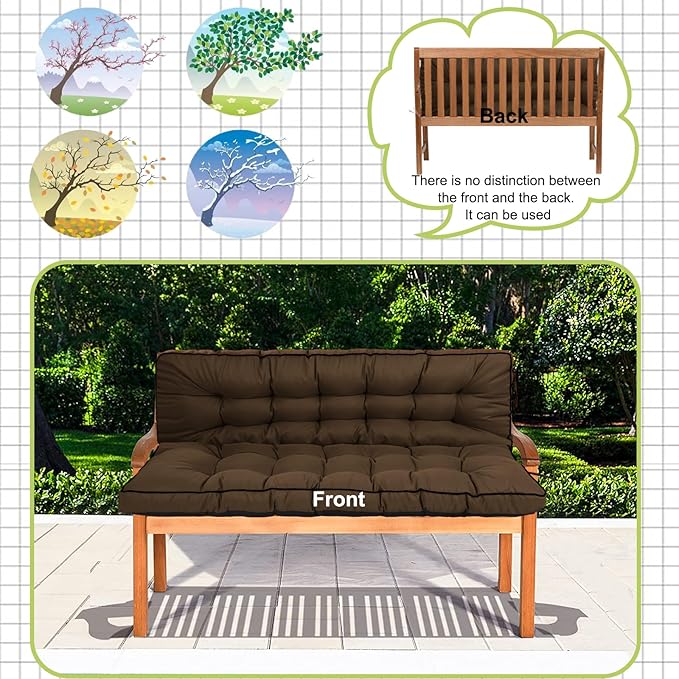 Swing Replacement Cushions with Backrest, 2 or 3 Seater Waterproof Non-Slip Overstuffed Swing Pad, Indoor/Outdoor Bench Cushion for Porch Chair Swing Garden Furniture (Brown, 40 * 63 in)
