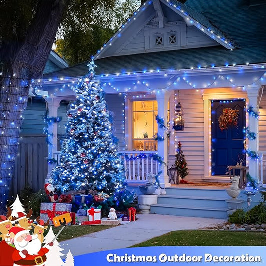 JMEXSUSS 2 Pack Blue & White Solar String Lights, Each 100 LED 33ft, Waterproof, 8 Modes for Outside Garden Patio Party Decoration