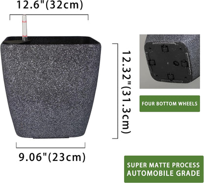 Dexceder 13x12 Self Watering Planter with Wheels Indoor Outdoor, Inner Mat Design, Thickened Large Floor Standing Flower Plant Pot with Water Level Indicator (Stone Matte)